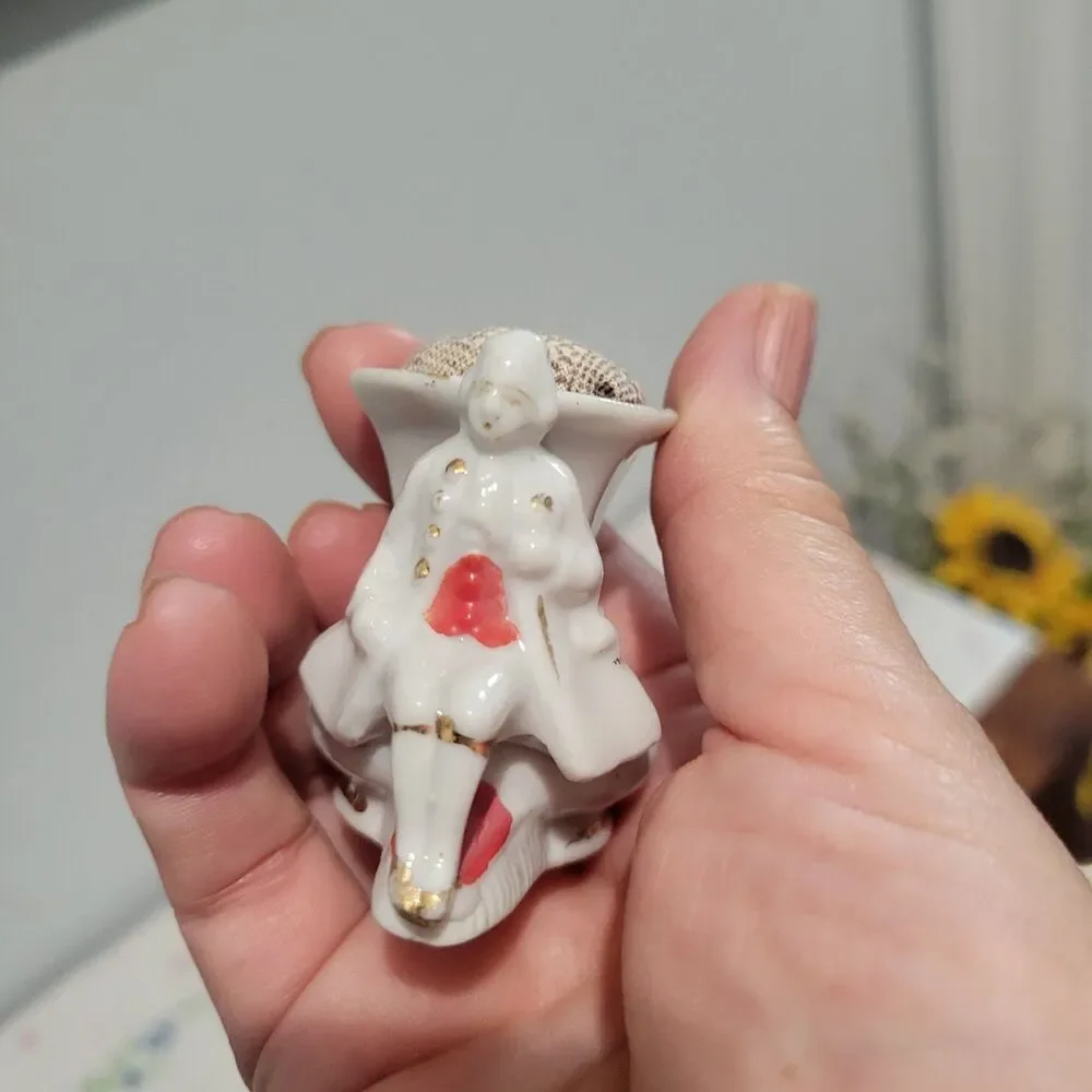 Vtg Set of 2 Porcelain Toothpick Holders Elegant Lady and Man Japan Pin Cushions